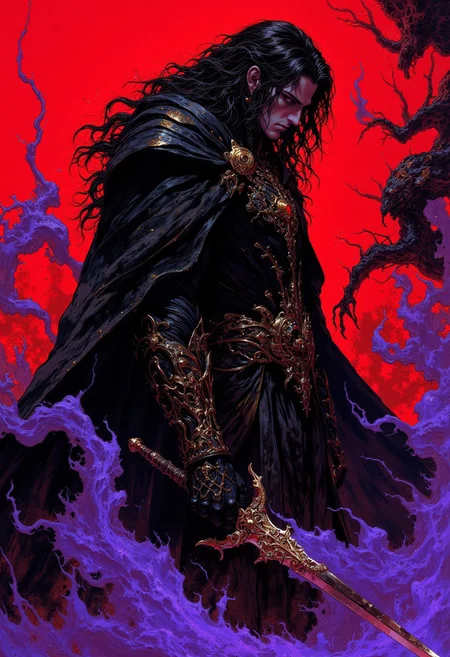 weibo, drawing, illustration retro 90's, Yoshitaka Amano, Ayami Kojima, chromatic aberration, detail, high contrast, cinematic view, volumetric lighting, perspective, vampire_hunter, silhouette, gothic_fantasy, long_black_hair, stoic_expression, golden_details, sword_in_hand, purple_mist, dark_mysterious_aesthetic, opulent,purple_twilight,dramatic_lighting,high_contrast, eerie_atmosphere,fantasy_art,intense_gaze,dark_romantic, gritty_texture, melancholic_mood, thick_linework, surreal,cinematic, intense_detail,photorealistic,(sharp focus:1.3). A stylized character with a striking appearance. A close-up, waist-length silhouette of a dark, a character a tall, mysterious vampire hunter with pale skin and a stoic expression, dressed in a flowing black cloak. He has long, wavy black hair that cascades over his shoulders. and a powerful stance, holding a sleek, menacing sword in one hand. The figure is partially enveloped in thick, swirling purple mist against a vivid red backdrop, adding depth and mystery. His cape flows around him, blending into the shadows. The intense lighting casts deep shadows across his form, while the purple mist creates an eerie, otherworldly atmosphere, highlighting his strength and determination. The image is highly detailed, with a focus on the textures of his suit, the sharpness and the way his interacts with the.
DB4RZ, DB4RZ style painting