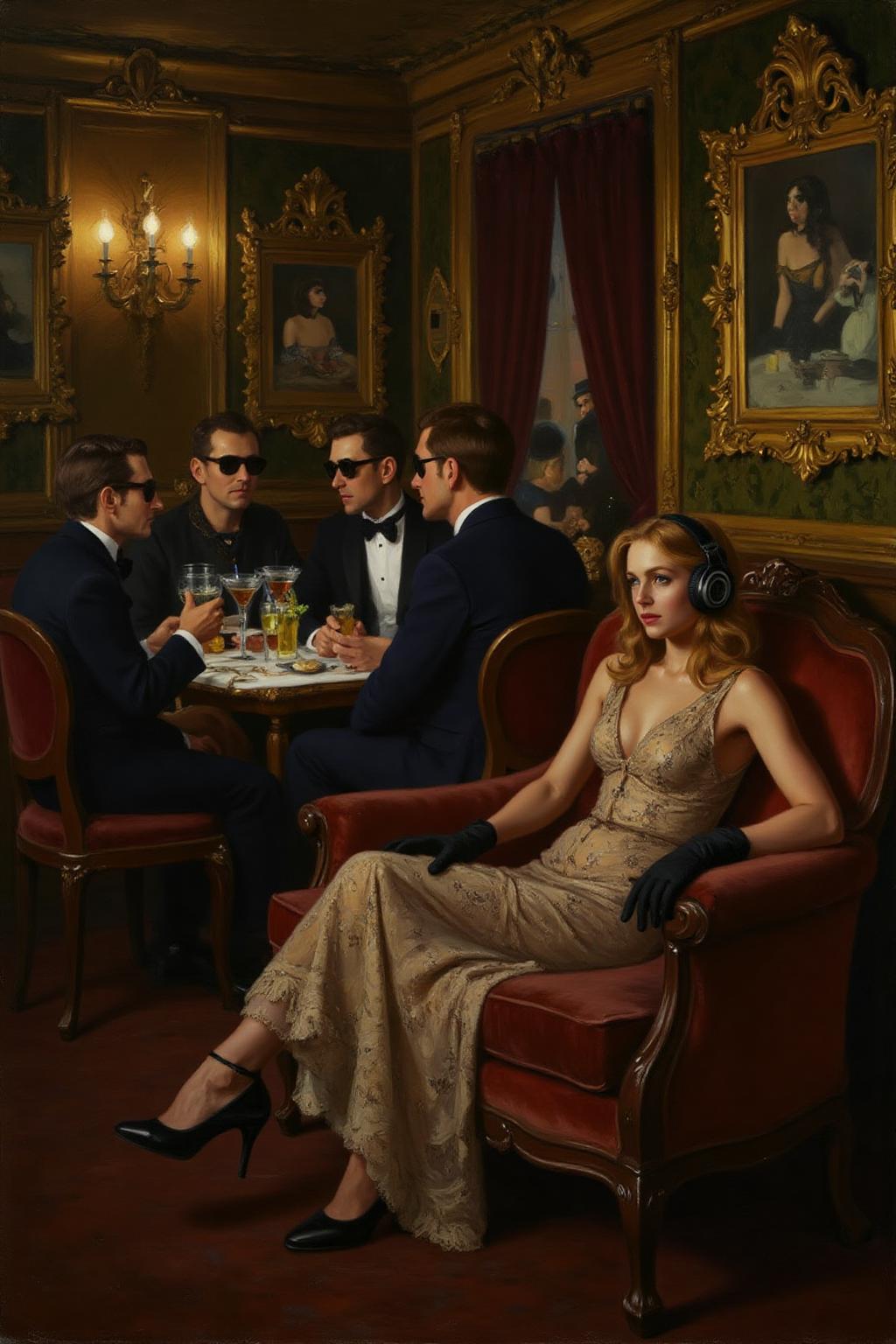 hansandersenbrendekilde1 painting.
A luxurious, dimly lit lounge set in 1970s Italy, exuding vintage charm and opulence. A stylish young woman in a lace dress, wearing oversized headphones, lounges on a plush velvet couch with an air of cool detachment. She dons sleek black gloves, embodying the effortless glamour of the era. In the background, a group of fashionable, well-dressed people in tailored suits and cocktail dresses sit around a table, enjoying drinks and conversation, all wearing sunglasses. The room is adorned with ornate gold decor, rich velvet textures, and the warm glow of dim lighting, evoking the chic sophistication of Italy's high society in the 1970s.
 <lora:hansandersenbrendekilde1_cap_d8a4e11:1.0><lora:855180215704375100:0>