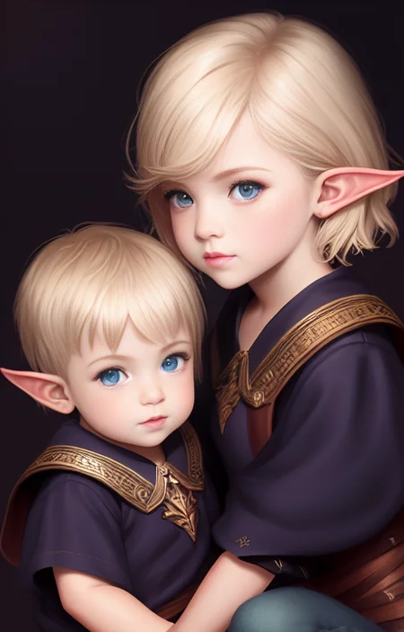 (extremely detailed CG unity 8k wallpaper), (masterpiece), (best quality), (realistic), fantasy, elf, (((child))), blonde hair, realism, short hair, darkness, night, beautiful and detailed lighting, shadows, fullbody, mage outfit, by Jeremy Lipking, by Antonio J. Manzanedo, by (Alphonse Mucha), digital painting, pointy ears, young, kid, twins, closeup, two boys
