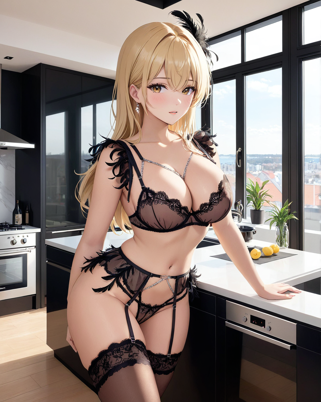 <lora:OpenFeatherLingerie-000003:0.8> a photo of a woman wearing sheer lingerie, feathers, chains, garterbelt, cleavage
blonde hair, scandinavian woman, in her apartment, open floorplan,  breathtaking chrome kitchen appliances