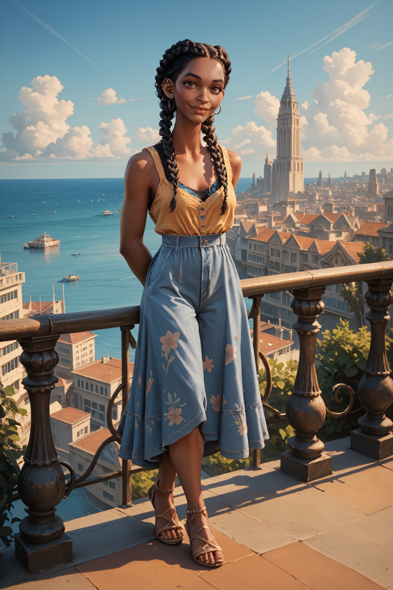 score_9, score_8_up, score_7_up, score_6_up
<lora:SOMHazel:0.8>
SOMHazel, 1girl, black hair, long hair, twin braids, brown eyes, dark skin, earrings, looking at viewer, happy, blue sky, city, smile, closed mouth, arms behind back, full body, blue sky, railing, ocean