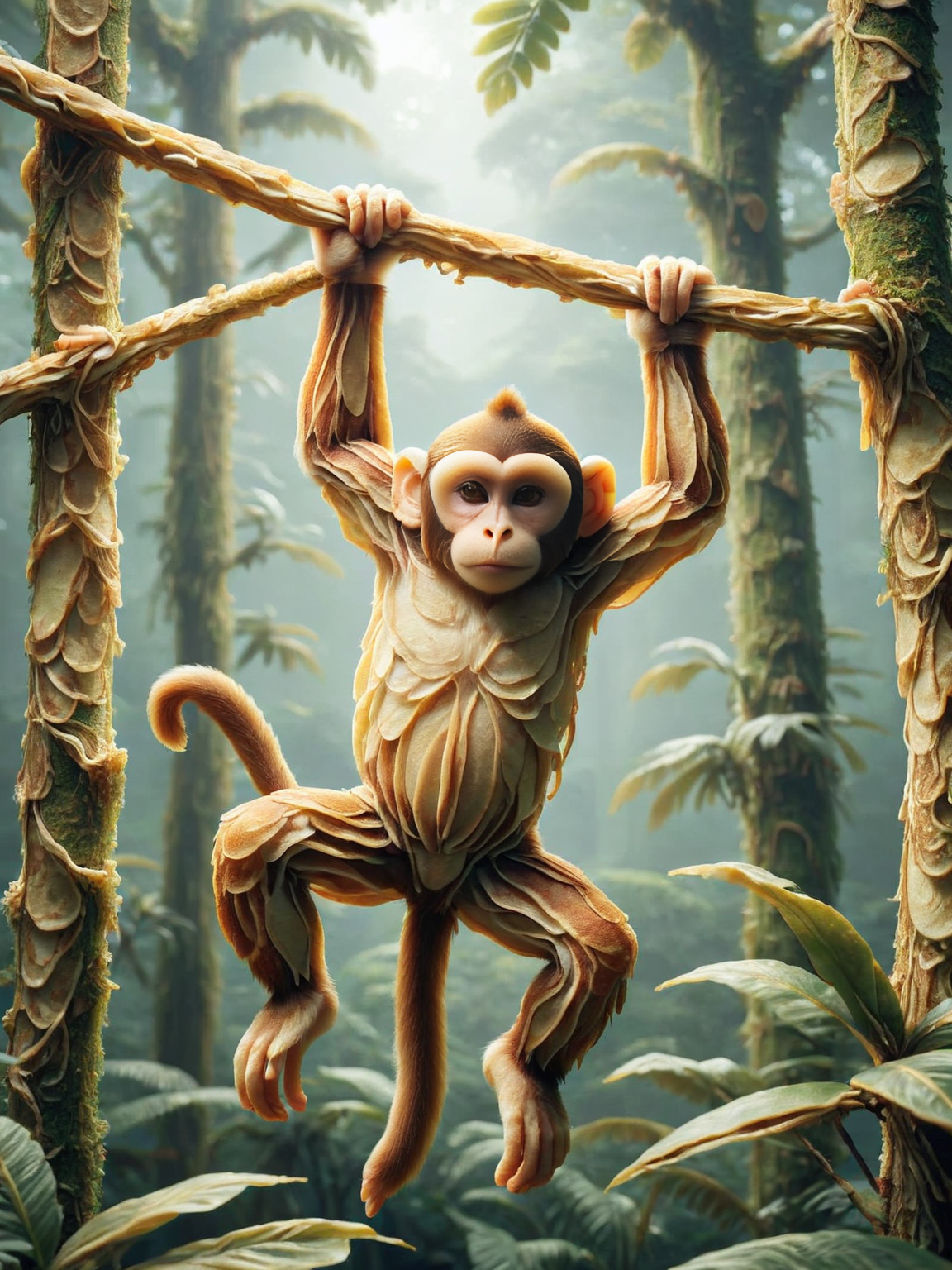 A curious ais-pncks monkey swinging joyously from tree to tree in a lush rainforest <lora:ais-pncks-sdxl:1>