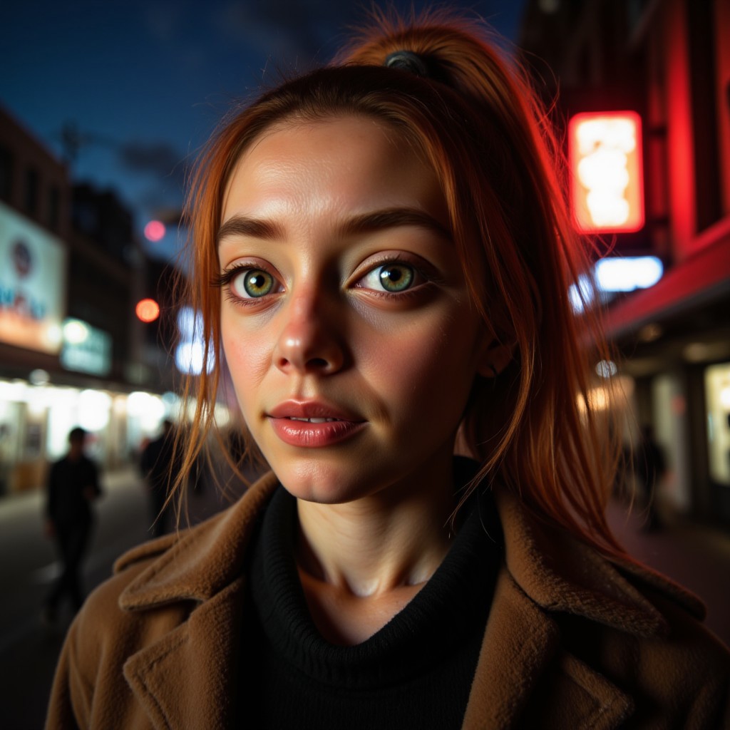 This picture is of an 18 year old pale skinned european LiviaFerreira woman who has very pretty petite facial features and very long red wavy hair in high pony tail, her eyes are bright piercing green and the iris detail is visible.
The setting is a post apocalypse city street at night with red neon japanese signage steam and smoke rise from a drain the atmosphere is close and heavy, there are sky scrapers in background the sky is inky and dark. 
This is a super close up of her face with the camera focus on her bright green detailed eyes, her eyes are bright and in focus, 3Y3.