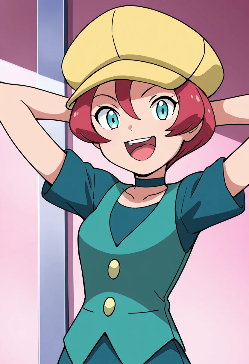 masterpiece, best quality, 1girl, solo, eyelashes, (beautiful eyes), zzGeorgia, aqua eyes, pink hair, hair between eyes, short hair, smile, open mouth, skirt, shirt, hat, green eyes, collarbone, short sleeves, :d, red hair, teeth, choker, tongue, vest, arms up, looking at viewer, buttons, upper teeth only, black choker, arms behind head, green shirt, green vest, yellow headwear , ,<lora:GeorgiaPokemon_IXL_v3:1.0>,