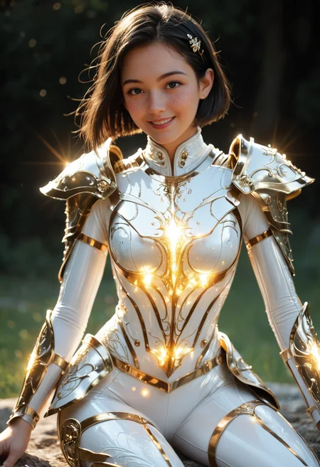 score_9, score_8_up, score_7_up, source_anime, masterpiece, best quality, perfect anatomy, very aesthetic, ((outlined outlined vector graphics)),no norm,
, cute face, (glow eyes:0.8), glittering, glimmering,, black background, cowboy shot, smile,__anlge__,
1girl, solo, 20yo, black hair, black eyes, short bob hair, hair pin,small breast, slender,(white thigh strap:1.1), bodysuit, glowing, nature, skin tight, freckles,, holy armor, white holy armor, , white dress, gold armor, gold holy light, fantasy, all fours , leaning back , , , <lora:holy-light-armor-01:1>