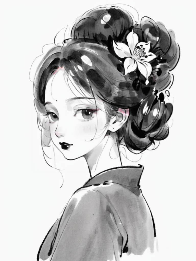 <lora:xl_shuimo-000012:1>,ink wash painting style, 1girl, monochrome, greyscale, solo, white background, looking at viewer, simple background, makeup, looking back, hair ornament, lipstick, flower, updo, upper body