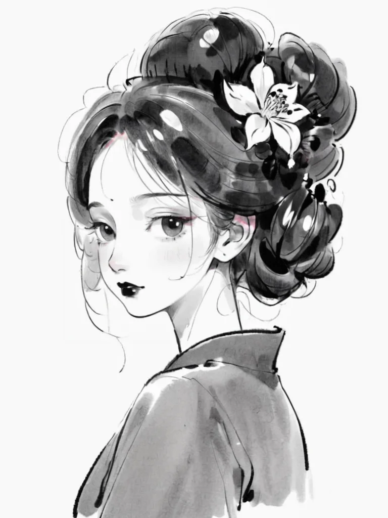 <lora:xl_shuimo-000012:1>,ink wash painting style, 1girl, monochrome, greyscale, solo, white background, looking at viewer, simple background, makeup, looking back, hair ornament, lipstick, flower, updo, upper body