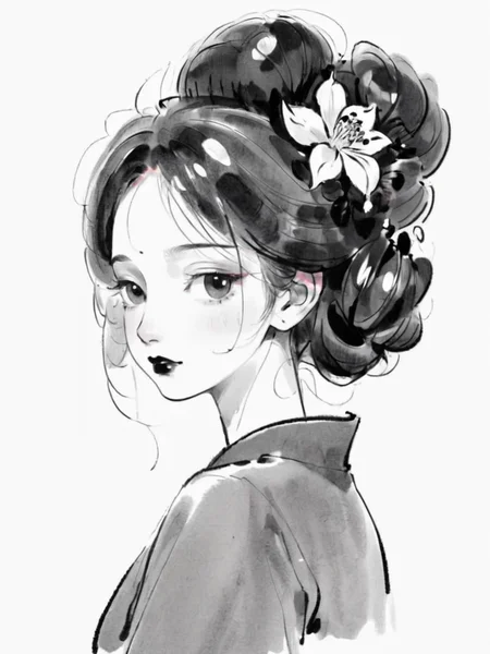<lora:xl_shuimo-000012:1>,ink wash painting style, 1girl, monochrome, greyscale, solo, white background, looking at viewer, simple background, makeup, looking back, hair ornament, lipstick, flower, updo, upper body