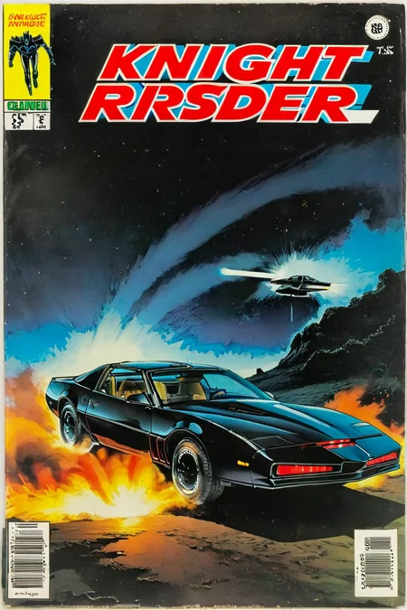 kitt1984 ,<lora:kitt1984XL:1> Vintage comic book with the title "Knight Rider" <lora:wizards_vintage_comics-Undergroundf16:0.8>