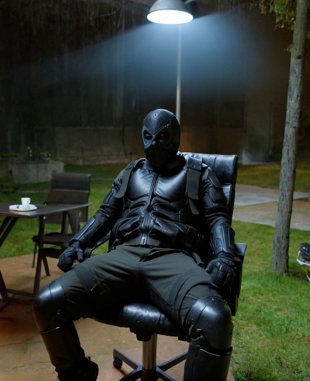 EdobRendel, bulletproof vest, night, ceiling light, night, eyes looking at viewer, hood, horror (theme), weapon on back, gloves, outdoors, (full body shot:2), Sitting on a chair with legs bent and hands on armrests, <lora:EdobRendel_XL_v3.0:1>