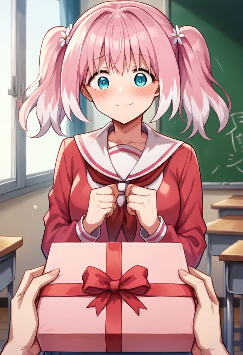 score_9, score_8_up, hiiragi nana, 1girl, solo, pink hair, white hair, pigtails, school uniform, pink sailor uniform, PovGifting, pov hands, holding gift, gift box, smile, blush, embarassed, classroom, indoors