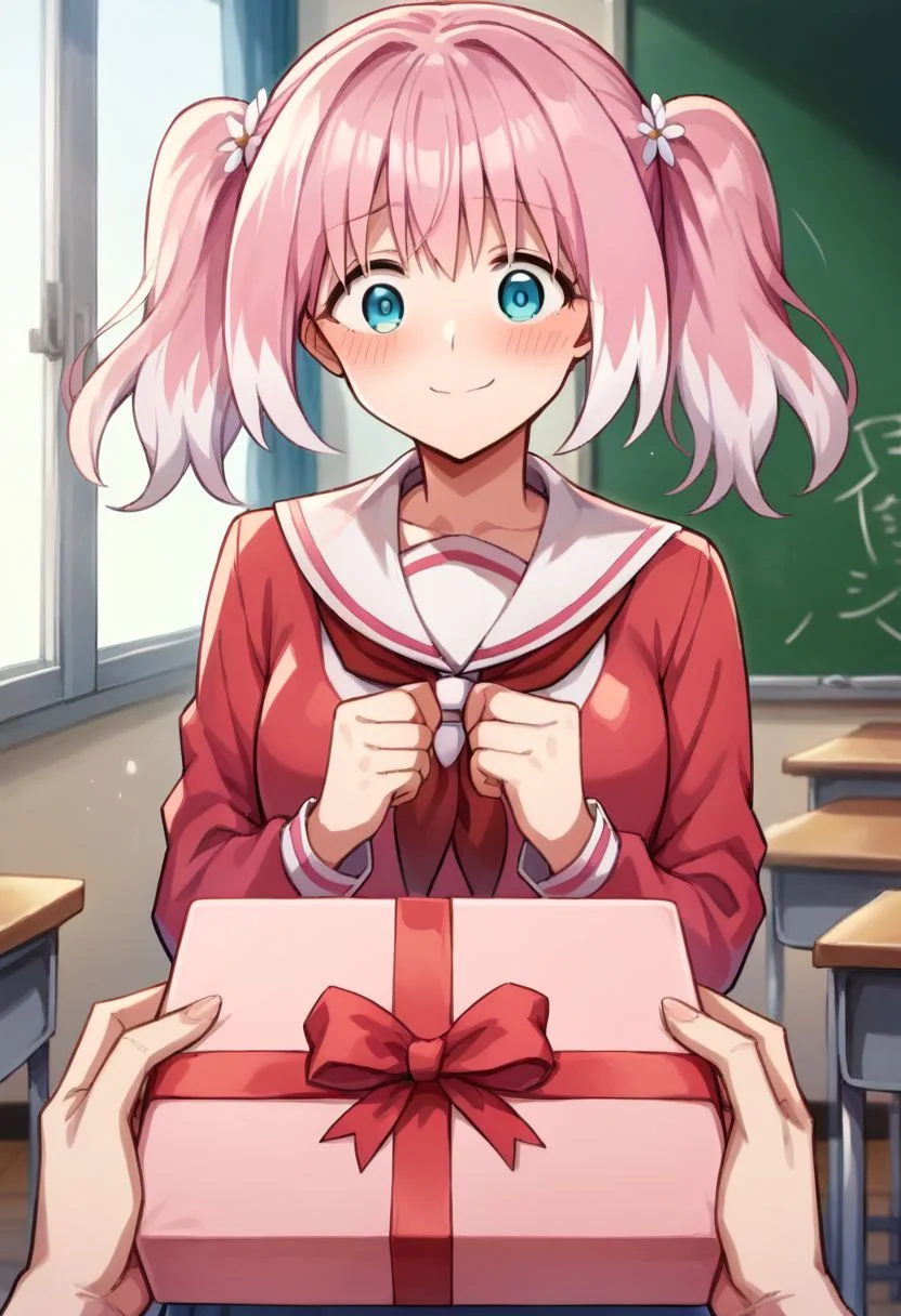 score_9, score_8_up, hiiragi nana, 1girl, solo, pink hair, white hair, pigtails, school uniform, pink sailor uniform, PovGifting, pov hands, holding gift, gift box, smile, blush, embarassed, classroom, indoors