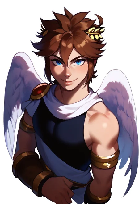 score_9, score_8_up, score_7_up, ExpresHGothicNeonIncase, masterpiece, solo, 1boy, mature man, adult, pitt, brown hair, blue eyes, wings, angel wings, laurel crown, bracer, looking at viewer, upper body shot, dorky smile