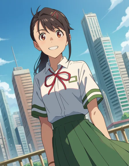 score_9, score_8_up, score_7_up, source_anime,
suzumeiwato, <lora:suzume-iwato-ponyxl-lora-nochekaiser:1>,
suzume iwato, long hair, black hair, hair ornament, brown eyes, hairclip, ponytail, smile,
skirt, shirt, ribbon, school uniform, white shirt, red ribbon, green skirt, long skirt,
outdoors, cityscape,
looking at viewer, dutch angle, cowboy shot,