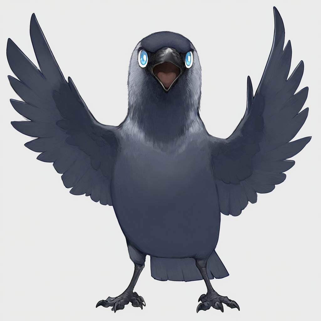 jackdaw, corvid, bird, feral, animal focus, pokemon \(creature\), chibi, fullbody, no humans, solo, huge eyes, light blue eyes, white pupils, standing, spread wings, open beak, looking at viewer, (illustration), general, year 2024, masterpiece, best quality, absurdres, very aesthetic, very awa