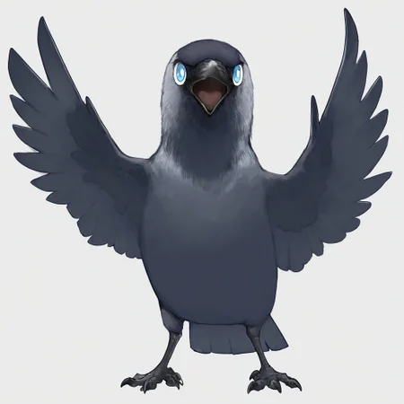 jackdaw, corvid, bird, feral, animal focus, pokemon \(creature\), chibi, fullbody, no humans, solo, huge eyes, light blue eyes, white pupils, standing, spread wings, open beak, looking at viewer, (illustration), general, year 2024, masterpiece, best quality, absurdres, very aesthetic, very awa