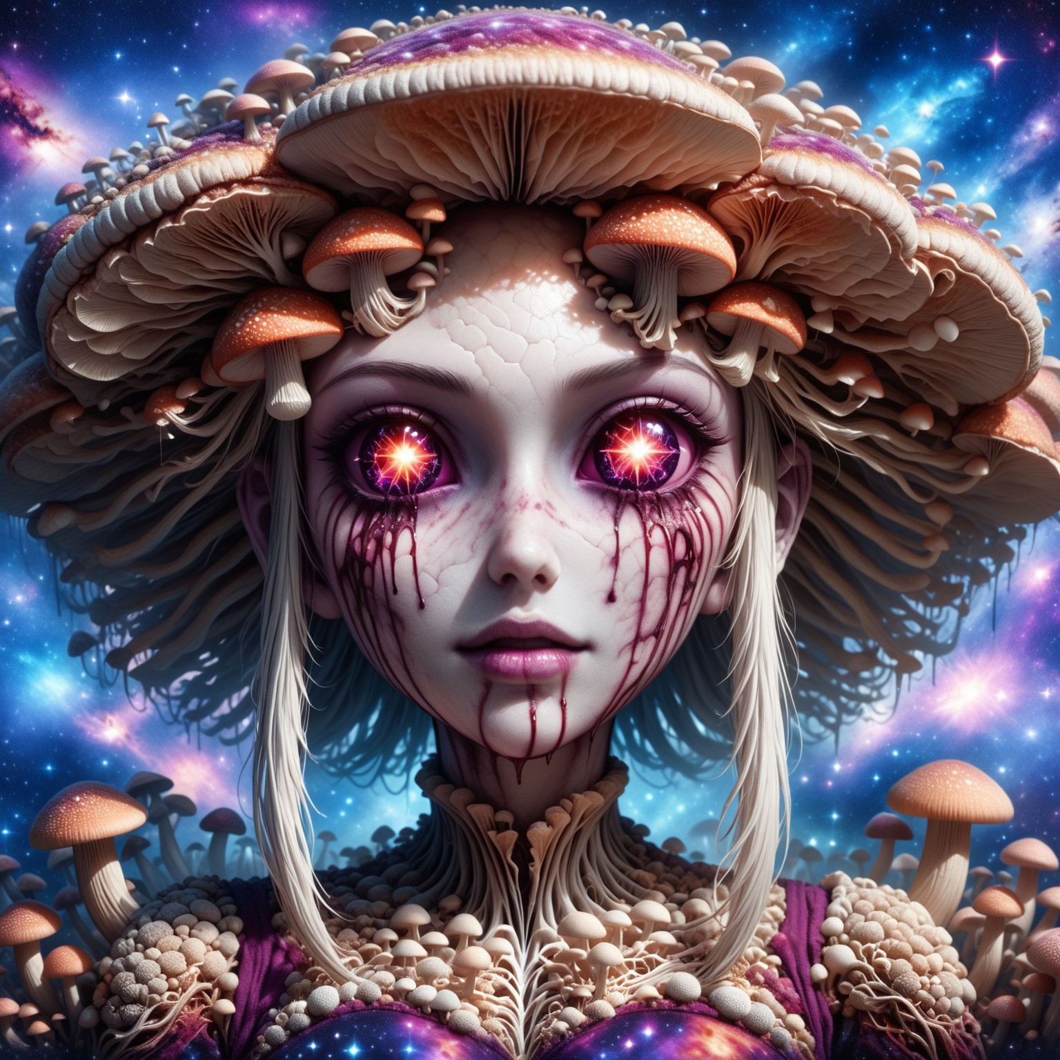 fungal_world, closeup portrait, wearing mushroom tights, magenta sclera, cosmic sea in eyes, 1girl, veiny fungal skin, magenta bloody tears