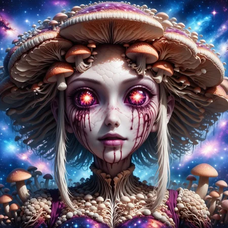 fungal_world, closeup portrait, wearing mushroom tights, magenta sclera, cosmic sea in eyes, 1girl, veiny fungal skin, magenta bloody tears