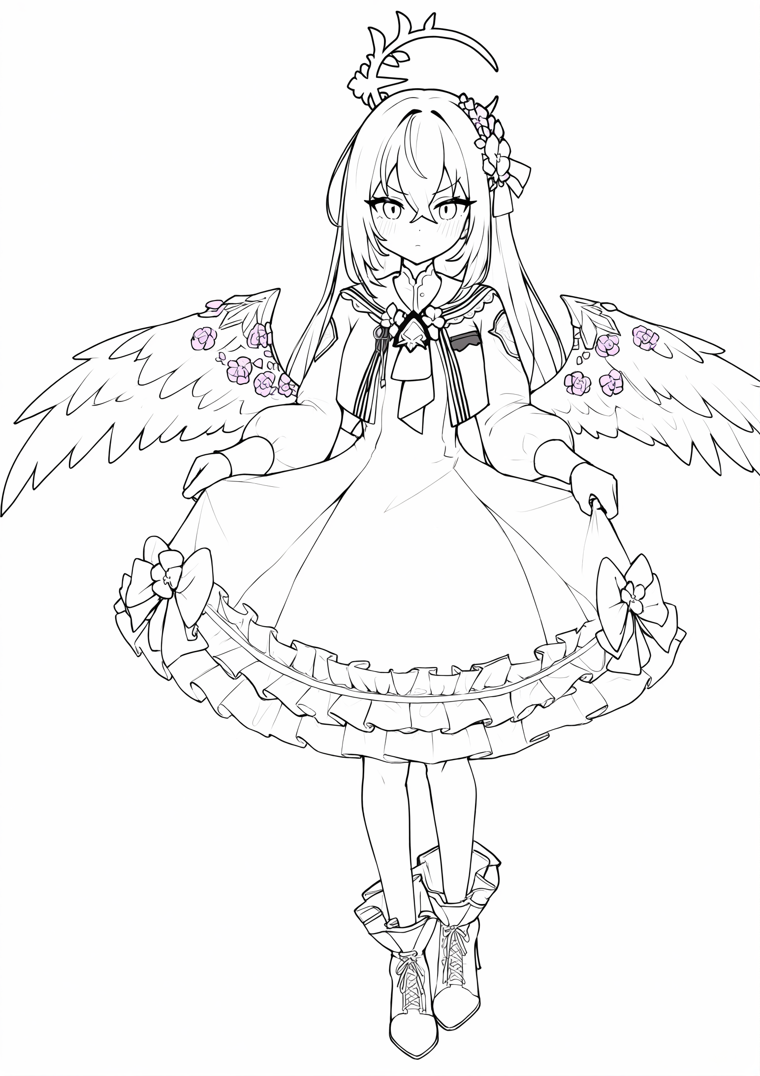 1girl, 
azusa \(blue archive\), blue archive, 
(lineart:1.3401), nocolor, straight-on, closed mouth, monochrome, greyscale, low wings, skirt hold, blush, hand on hilt, white background, puffy long sleeves, full body, boots, feathered wings, flower, ankle boots, frills, long hair, long bangs, standing, tachi-e, halo, wings, puffy sleeves, skirt, looking at viewer, high heels, hair ornament, lace-up boots, dot nose, simple background, high heel boots, wing ornament, hair flower, 
masterpiece, best quality, newest, absurdres, highres
