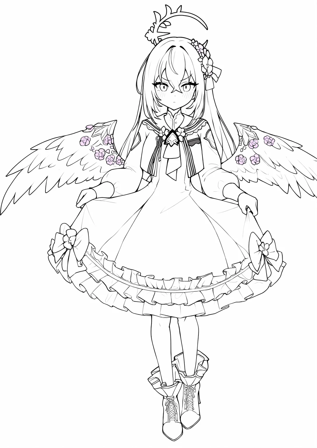 1girl,
azusa \(blue archive\), blue archive,
(lineart:1.3401), nocolor, straight-on, closed mouth, monochrome, greyscale, low wings, skirt hold, blush, hand on hilt, white background, puffy long sleeves, full body, boots, feathered wings, flower, ankle boots, frills, long hair, long bangs, standing, tachi-e, halo, wings, puffy sleeves, skirt, looking at viewer, high heels, hair ornament, lace-up boots, dot nose, simple background, high heel boots, wing ornament, hair flower,
masterpiece, best quality, newest, absurdres, highres