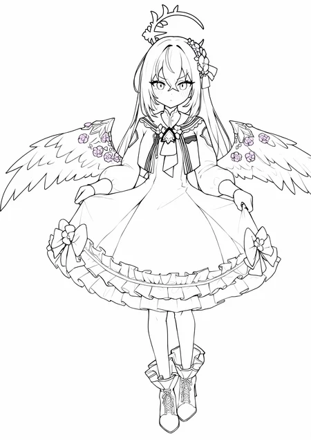 1girl,
azusa \(blue archive\), blue archive,
(lineart:1.3401), nocolor, straight-on, closed mouth, monochrome, greyscale, low wings, skirt hold, blush, hand on hilt, white background, puffy long sleeves, full body, boots, feathered wings, flower, ankle boots, frills, long hair, long bangs, standing, tachi-e, halo, wings, puffy sleeves, skirt, looking at viewer, high heels, hair ornament, lace-up boots, dot nose, simple background, high heel boots, wing ornament, hair flower,
masterpiece, best quality, newest, absurdres, highres