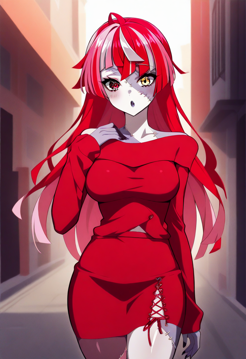 Kureiji_Ollie, kureiji ollie,1girl, mature femele,  (standing 1.3), outdoor, street, highres,  long hair,  patchwork skin, heterochromia, red eyes, yellow eyes, (red sweater, red skirt 1.4), zombie <lora:Kureiji_Ollie:1.7><lora:twopiece10-illustrious:1.5>