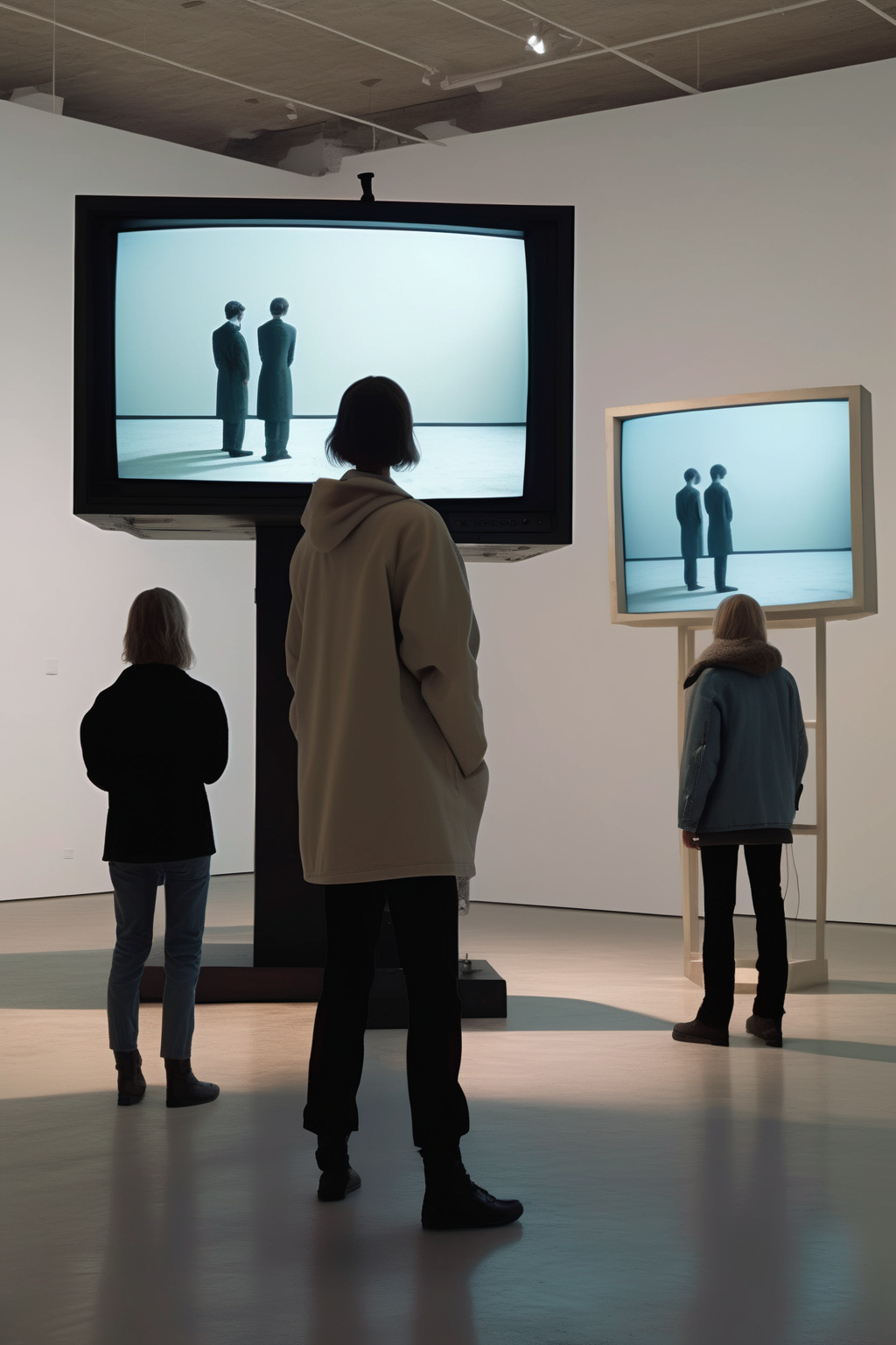 <lora:Video installation:1>Video installation - shot of a TV monitor installation in an art gallery, three people stand around watching the TV, security camera art, in the style of dystopian realism