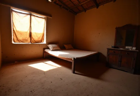 Indian_Building_Flux,
This photograph captures a bedroom of a village house in India bathed in warm, golden light filtering through a window covered by simple cloth window cover (likely a repurposed old Saree). The room has mud brick floor, and it appears that the house is made with mud and woods and no modern things present. The room's centerpiece is a single wooden bed, positioned against the left wall, next to it the room has a single wooden cabinet and what appears to be a covered mirror. GoPro lens, Ultra HiRes Photography