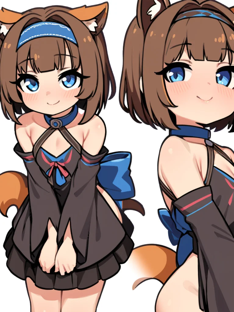 masterpiece, best quality, <lora:style578-a31-000020:1>,
1girl, solo, tail, animal ears, blue eyes, full body, detached sleeves, brown hair, hairband, looking at viewer, simple background, white background, bare shoulders, smile, collar, short hair, standing, transparent background,v arms, sandals, hair intakes, bangs