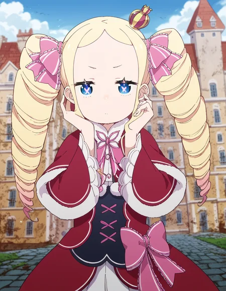score_9, score_8_up, score_7_up, source_anime, <lora:rezero-beatrice-s3-p1-ponyxl-lora-nochekaiser:1>, beatrice, long hair, blue eyes, blonde hair, twintails, hair ribbon, sidelocks, symbol-shaped pupils, drill hair, twin drills,, dress, ribbon, fur trim, capelet, crown, mini crown, red capelet, frills, bowtie,, castle, stone, towers, medieval, royalty, , <lora:tucking-hair-ponyxl-lora-nochekaiser:1>, tucking hair, adjusting hair, hand on own hair, hair behind ear,, looking at viewer, solo,, dutch angle, cowboy shot
