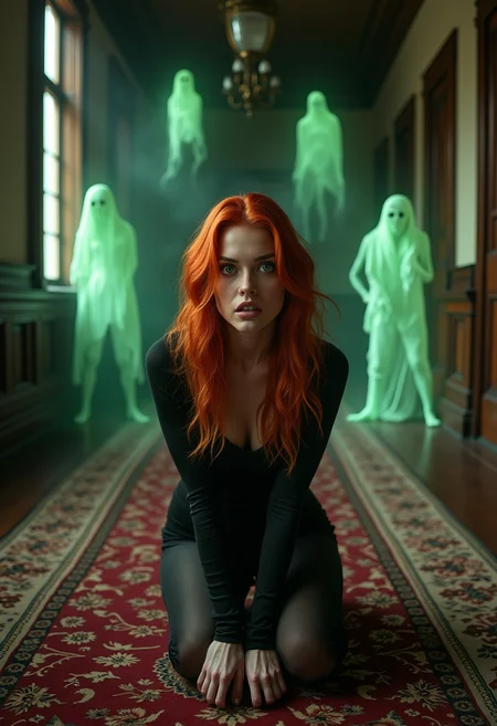 A gorgeous woman with vibrant auburn hair kneels on a richly patterned rug in a grand, dimly lit hallway of an old mansion. Her wide, green eyes reflect the shock of seeing ghostly, green apparitions floating around her. The hallway is lined with tall, narrow windows and ancient, wooden furniture, casting long shadows. Her tight, dark outfit accentuates her form, with realistic fabric textures. The soft, diffused light from the windows adds a photorealistic touch, enhancing the scene's depth and atmosphere.