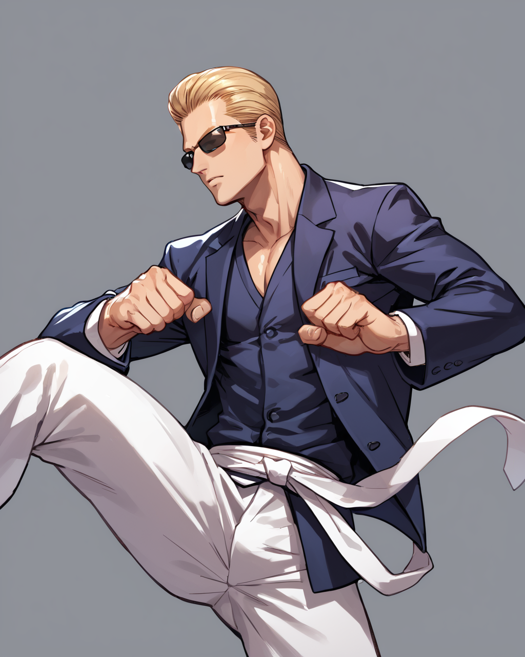 score_9, score_8_up, score_7_up, score_6_up, source_anime, ah1,<lora:albertwesker-guy-PONYv1:1> albertwesker, albert wesker, 1boy, solo, blonde, sunglasses, toned, athletic, fit, slicked back hair, mature male, (karate kick), (suit with lapel pin),