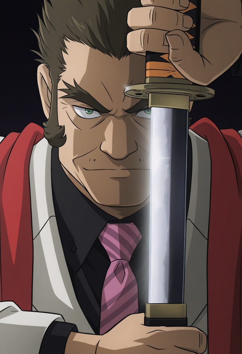 1boy, close-up, darkness, katana, unsheathing, eye focus, blade, reflection,
BREAK
<lora:Brian_D._Kadokura_from_Detective_Conan_The_Million-dollar_Pentagram_v1.0:1>
briandkadokura, mature male, brown hair, green eyes, thick eyebrows, forked eyebrows, long sideburns,
BREAK
white suit, black shirt, collared shirt, pink necktie, striped necktie, red scarf,
BREAK
very awa, masterpiece, best quality, absurdres, newest, perfect quality, detailed background, intricate details,