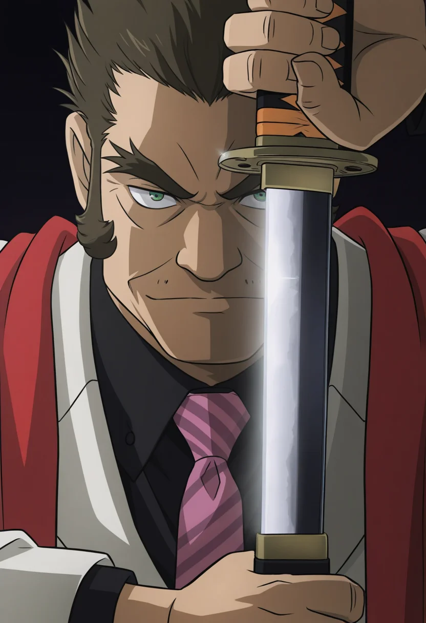 1boy, close-up, darkness, katana, unsheathing, eye focus, blade, reflection,
BREAK
<lora:Brian_D._Kadokura_from_Detective_Conan_The_Million-dollar_Pentagram_v1.0:1>
briandkadokura, mature male, brown hair, green eyes, thick eyebrows, forked eyebrows, long sideburns,
BREAK
white suit, black shirt, collared shirt, pink necktie, striped necktie, red scarf,
BREAK
very awa, masterpiece, best quality, absurdres, newest, perfect quality, detailed background, intricate details,