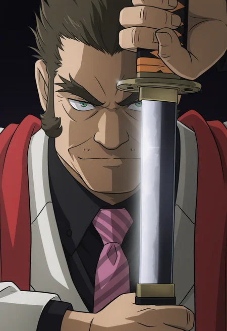 1boy, close-up, darkness, katana, unsheathing, eye focus, blade, reflection,
BREAK
<lora:Brian_D._Kadokura_from_Detective_Conan_The_Million-dollar_Pentagram_v1.0:1>
briandkadokura, mature male, brown hair, green eyes, thick eyebrows, forked eyebrows, long sideburns,
BREAK
white suit, black shirt, collared shirt, pink necktie, striped necktie, red scarf,
BREAK
very awa, masterpiece, best quality, absurdres, newest, perfect quality, detailed background, intricate details,