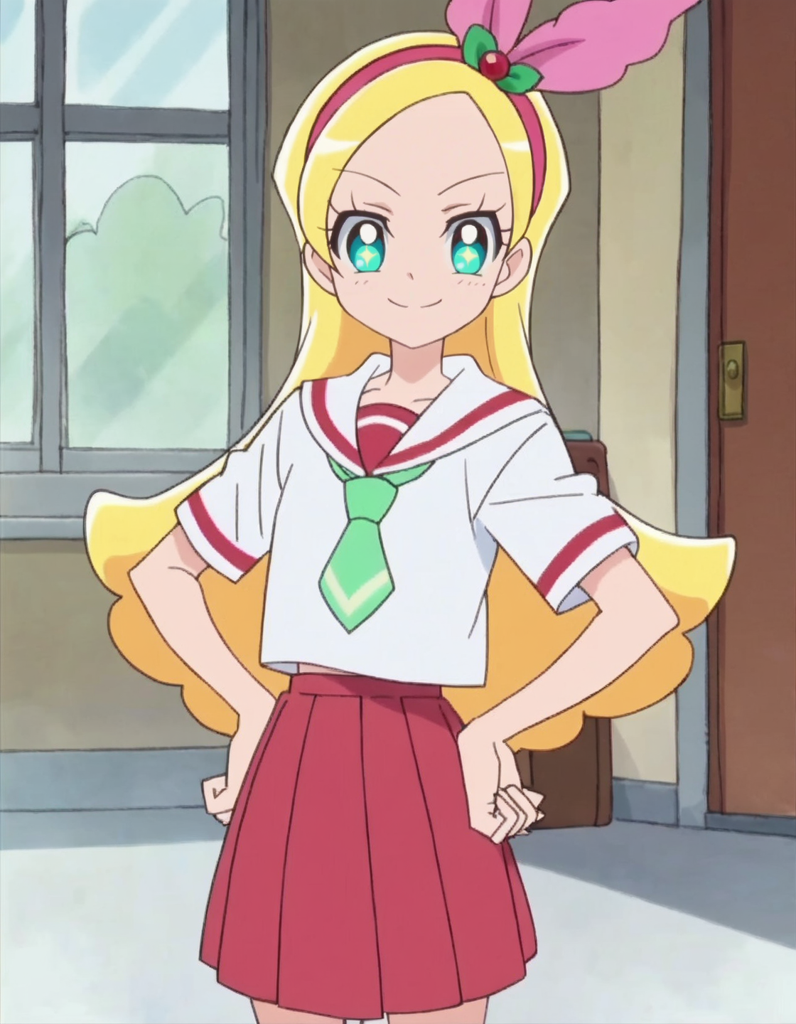 score_9, score_8_up, score_7_up, 1girl, solo, anime screencap, kiraboshiciel, school uniform, hairband, smile, skirt, hands on hips, pink hairband, looking at viewer, necktie, serafuku, green necktie, red skirt,   cowboy shot,small breasts,<lora:kiraboshiciel:0.8>