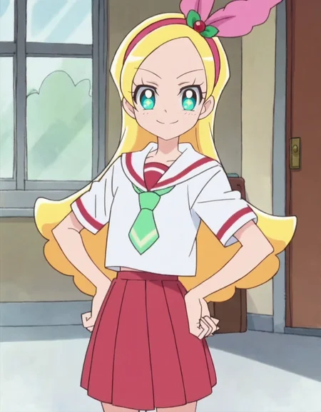 score_9, score_8_up, score_7_up, 1girl, solo, anime screencap, kiraboshiciel, school uniform, hairband, smile, skirt, hands on hips, pink hairband, looking at viewer, necktie, serafuku, green necktie, red skirt,   cowboy shot,small breasts,<lora:kiraboshiciel:0.8>