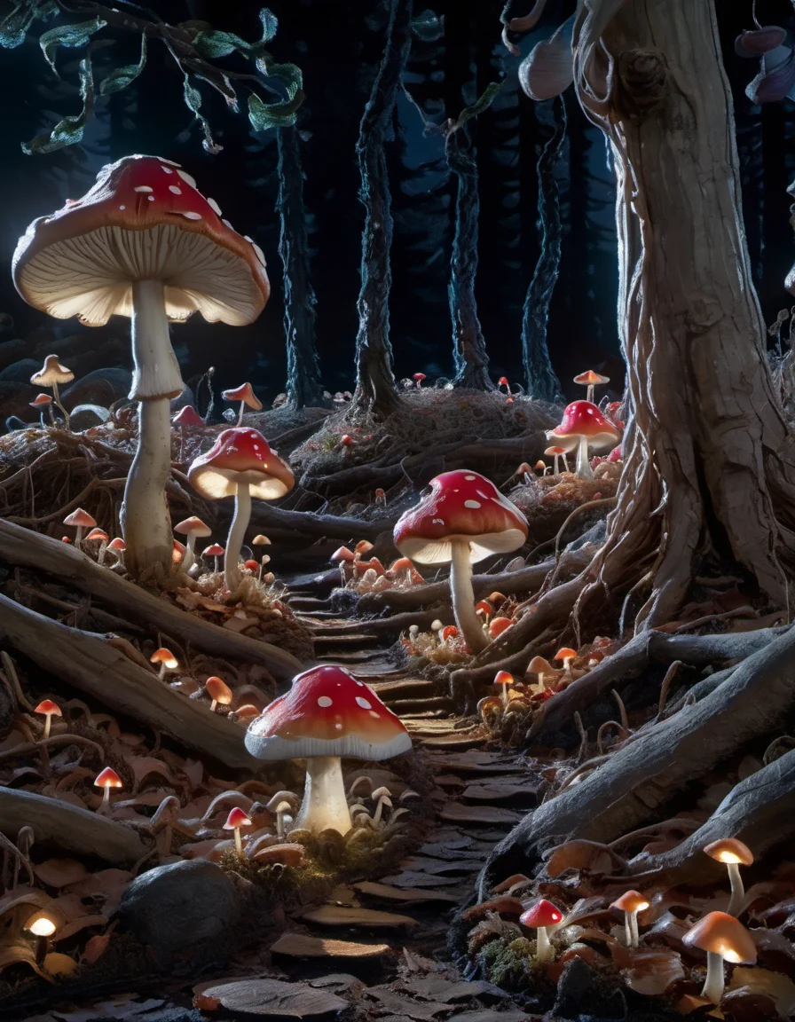 stopmotion, Mushroom Forest: Giant toadstools, friendly critters, glowing fungi, fairy lights, magic-infused air. <lora:STOPMO_1.12_RC:0.9>