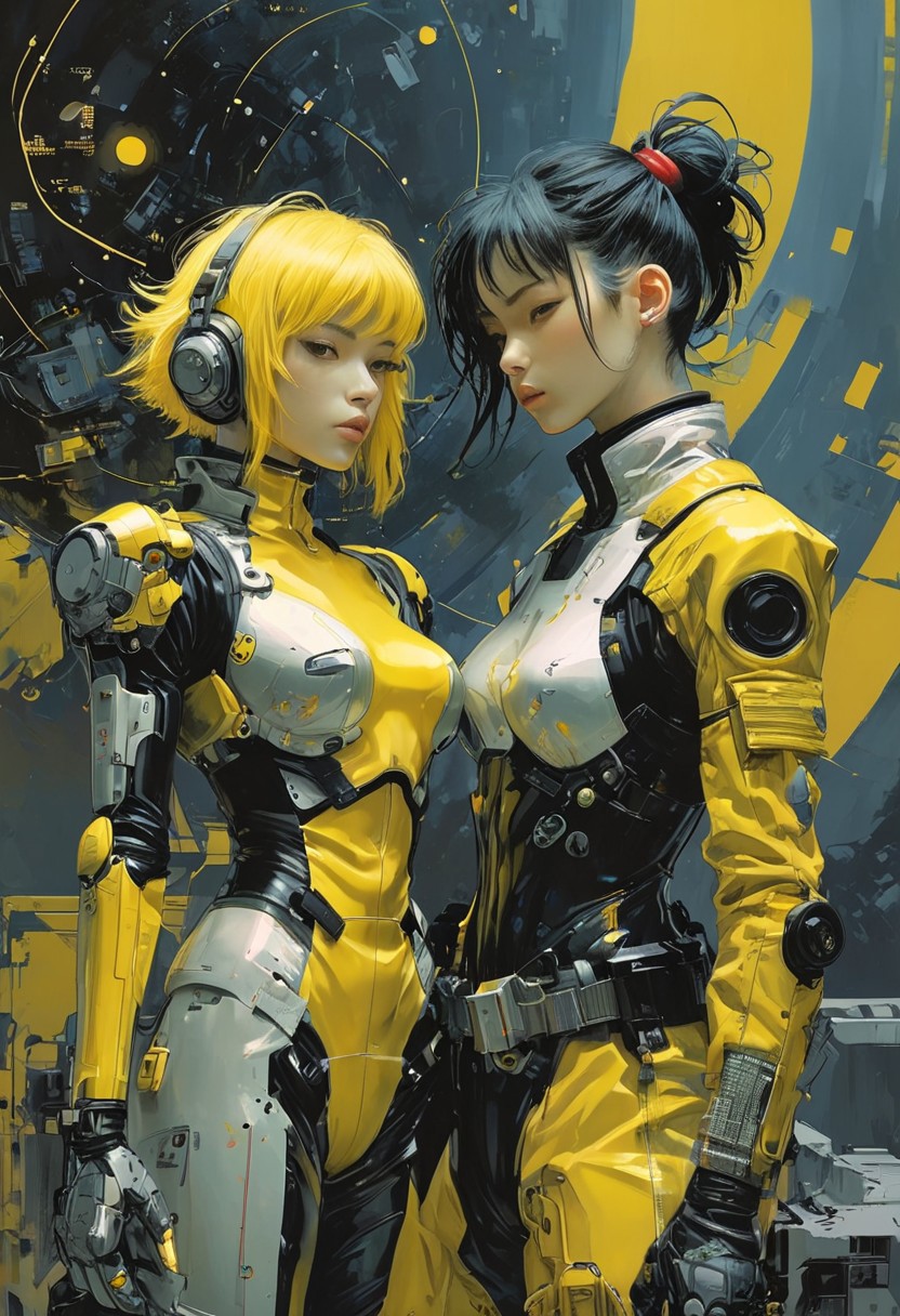 cyberpunk lesbian couples in space, retro 90's, yellow, black, science fiction, rockpunk, yoji shinkawa, James Jean, Ayami Kojima