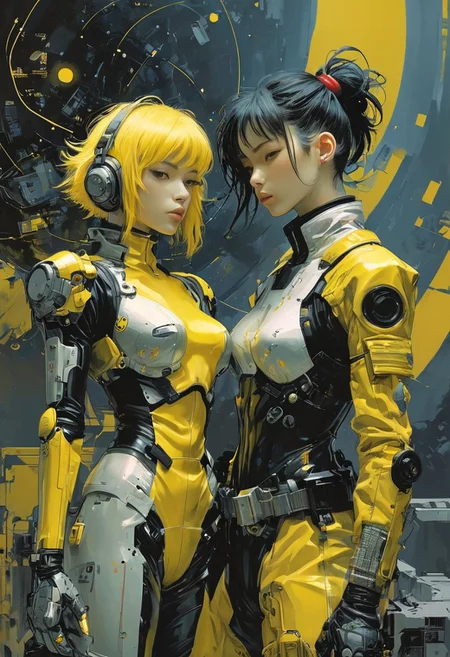 cyberpunk lesbian couples in space, retro 90's, yellow, black, science fiction, rockpunk, yoji shinkawa, James Jean, Ayami Kojima