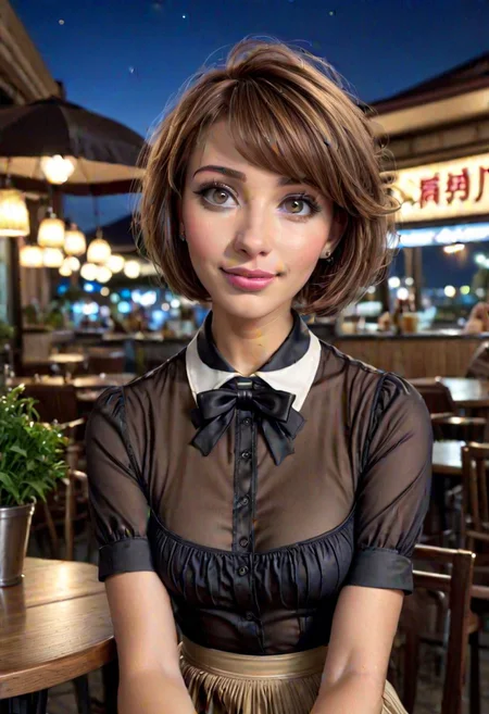 (8k, RAW photo, best quality, masterpiece:1.2), (realistic, photo-realistic:1.37), ultra-detailed,
1 girl, cute, solo,beautiful detailed sky,detailed cafe, night, sitting, dating,(smile:1.1),(closed mouth)
medium breasts, detailed face, detailed eyes, (collared shirt:1.1), bowtie, pleated skirt, (short hair:1.2),