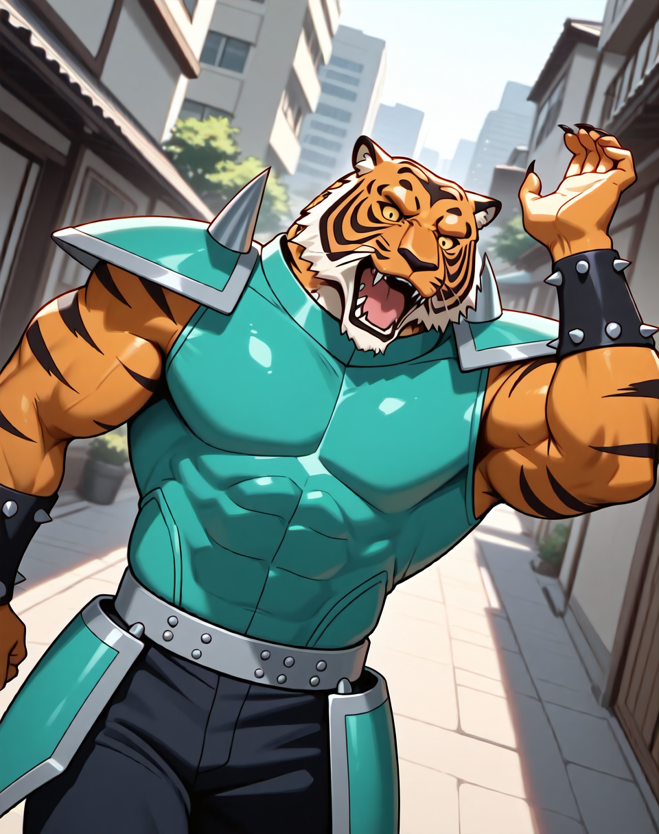 <lora:Armour_Tiger_(Astro_Fighter_Sunred)_(Illustrious)_(AD):1.25> Armour Tiger, muscular, Sunred, 
dutch angle, exterior, city park, city, trees, houses, apartments, Japanese style modern architecture, 
villain, strong, powerful, cowboy shot, hyper muscular, 
BREAKvery awe, aesthetically pleasing, masterpiece, best quality, amazing quality, very aesthetic, perfect depth of field shot, gradient style coloring, 
EZRealPONYXL, zPDXL, Smooth Quality, lazympos, IllustQualXL_Pos,