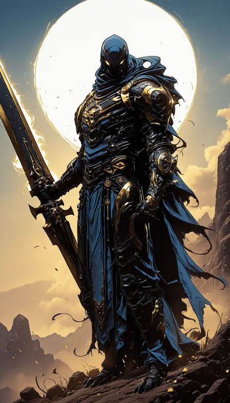 holding weapon, fighting stance, holding buster sword,huge weapon,, WCG-Illu,, kaarea masterpiece, best quality, high quality, ultra-detailed, realistic, traditional media, vivid_color, high contrast, speed lines, move_effects, action Create a detailed digital artwork of a menacing, armored figure standing atop a rocky terrain. The figure is clad in dark, metallic armor with gold accents, and wields a long, ornate sword with a golden hilt. The armor is intricately designed with sharp, angular features, and the figure's face is obscured by a hood, adding to the enigmatic aura. The background features a dramatic sky with hues of orange and gray, suggesting either dawn or dusk. The overall style should reflect dark fantasy or gothic themes, with a focus on creating a sense of foreboding and mystery. solo, 1boy, holding, standing, full_body, yellow_eyes, weapon, horns, sword, holding_weapon, cape, armor, no_humans, glowing, holding_sword, helmet, gauntlets, glowing_eyes, fantasy, full_armor, holding weapon, fighting stance, holding buster sword,huge weapon,, WCG-Illu,, kaarea