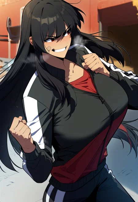score_9, score_8_up, score_7_up, score_6_up, source_anime, rating_explicit, <lora:neg4all_bdsqlsz_V3.5:2.0>1girl, (solo:1.1), huge breasts, <lora:Yoo Yeonhwaponyxl:1> long hair, black hair, bandaid on face, brown eyes, red eyes, dark skin, collarbone, track jacket, black jacket, open jacket, red shirt, track pants, black pants, smile, (grin:0.8), Narrow shoulders, heavy breathing, steaming body, dungeon, outdoors, close-up, (punching:1.2), clenched hand, (fighting stance:1.1)