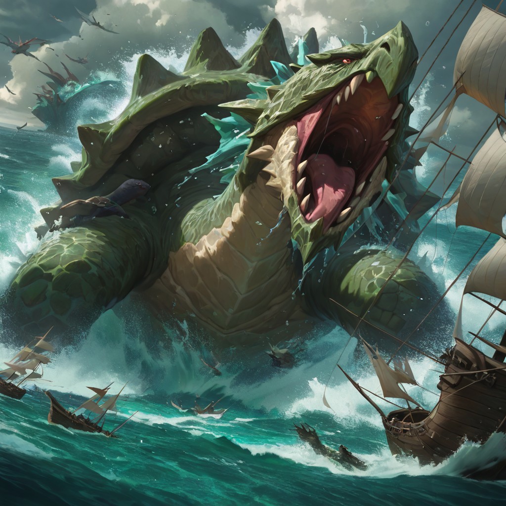 masterpiece, best quality, newest, absurdres, highres, DTV1.0, Turtle, Dragon,  pokemon (creature), monster, no humans, ocean, water, ship, battle,