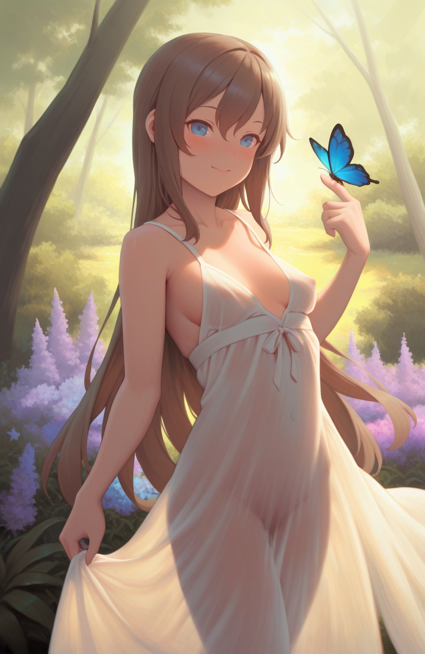 masterpiece, best quality, 1girl, white dress, butterfly on hand, long hair, bug, small breasts, outdoors, smile, see-through silhouette, blue eyes, looking at viewer, purple flower, brown hair, tree, closed mouth, sundress, no panties, sleeveless dress, day, standing, see-through dress, collarbone, hair between eyes, bare shoulders, blush, blue butterfly, no bra, nature   <lora:bigrbearSyle IXL3-000046:1>