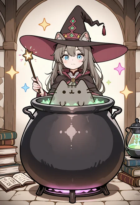 masterpiece, best quality, pusheen, dressed as a wizard, holding a wand, magic sparkles, spellbook, cauldron, glowing potion, <lora:PusheenIXL:1.2>,