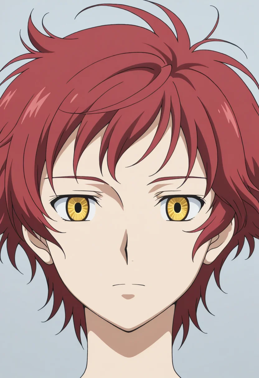innovatoradeeyes, yellow eyes, black pupils, 1girl, solo, red hair, very short hair, messy hair, portrait, grey background, expressionless, looking at viewer, anime_screencap
