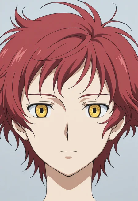 innovatoradeeyes, yellow eyes, black pupils, 1girl, solo, red hair, very short hair, messy hair, portrait, grey background, expressionless, looking at viewer, anime_screencap