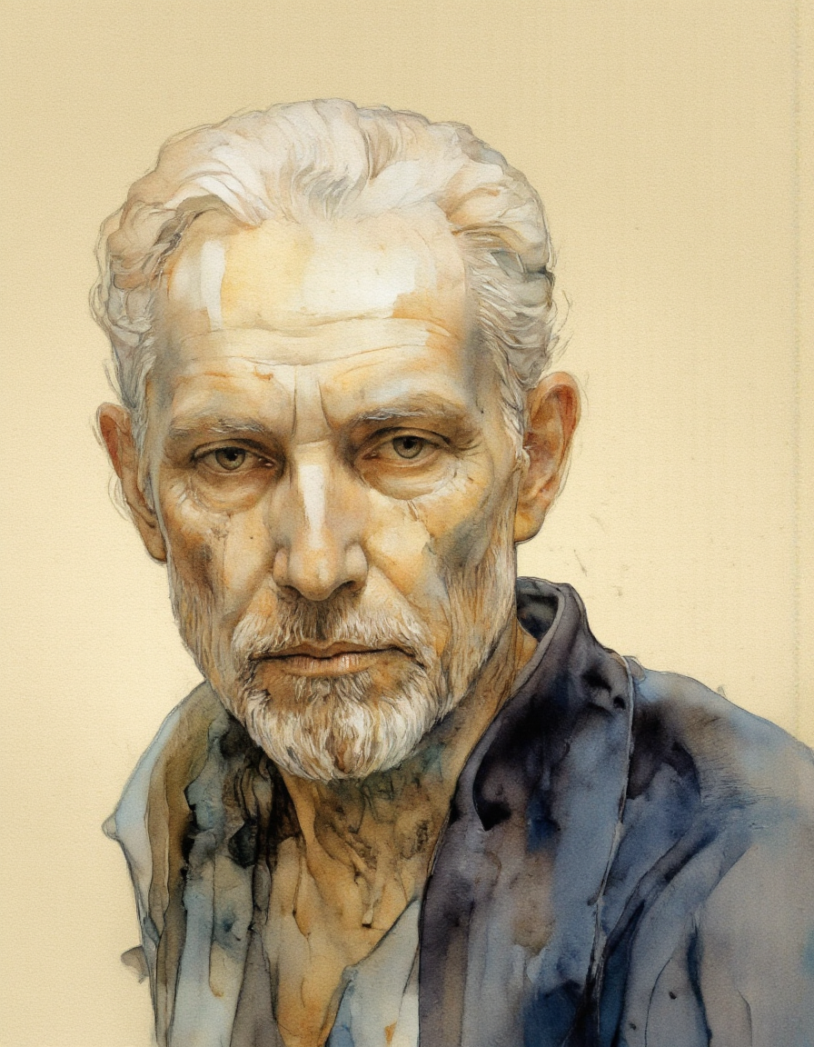 . A watercolor portrait of an elderly man, captured from a portrait camera angle, featuring a detailed and realistic portrait of the subject in a watercolor style with a soft, muted color palette. the subject is depicted in the middle of the frame, looking directly at the viewer with a serious expression and a slightly wrinkled face. the man appears to be an elderly, with a bald, white beard and a full beard, and is wearing a dark blue shirt. his eyes are a deep brown, and his expression is one of intense concentration. the background is a simple, light beige color, which contrasts with the warm tones of the watercolor painting, creating a sense of depth and texture. the artist's signature is visible in the bottom right corner, adding a touch of realism to the portrait. the overall mood of the image is somber and contemplative, capturing the essence of the elderly man's thoughtful and thoughtful expression.